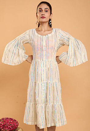 Embroidered Chanderi Tiered Dress in Off White