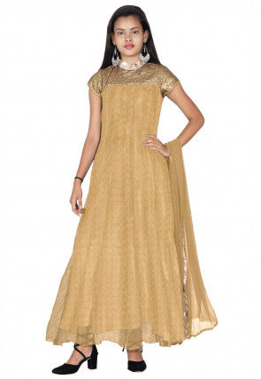 Embroidered Chantelle Net Abaya Style Suit in Beige