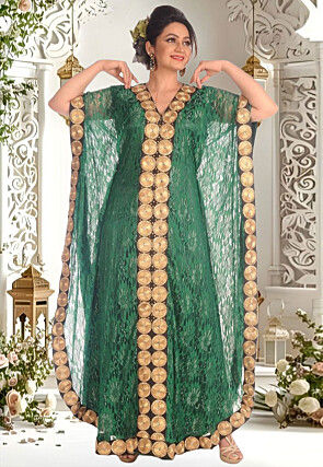 Embroidered Chantelle Net Moroccan Kaftan in Green