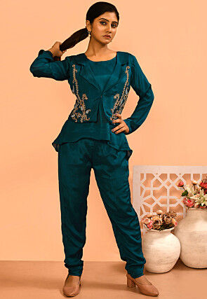 Embroidered Chiffon Co - Ord Set in Teal Blue