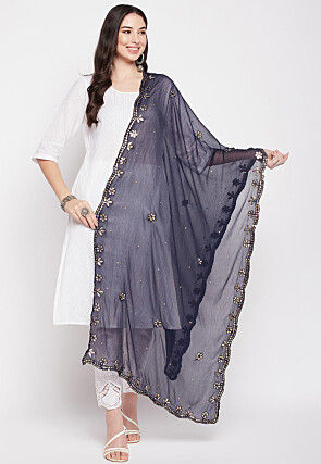 Embroidered Chiffon Dupatta in Navy Blue
