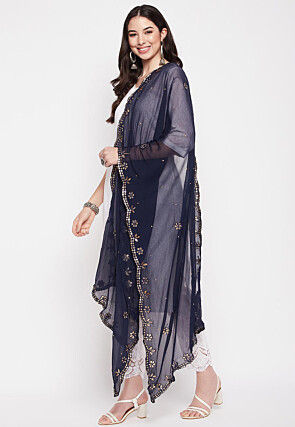 Embroidered Chiffon Dupatta in Navy Blue
