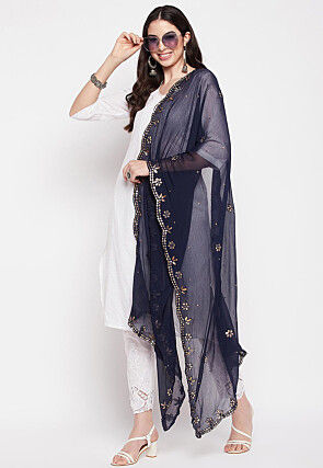 Embroidered Chiffon Dupatta in Navy Blue