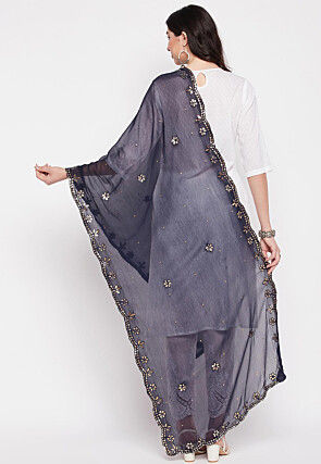 Embroidered Chiffon Dupatta in Navy Blue