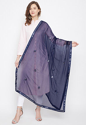 Embroidered Chiffon Dupatta in Navy Blue