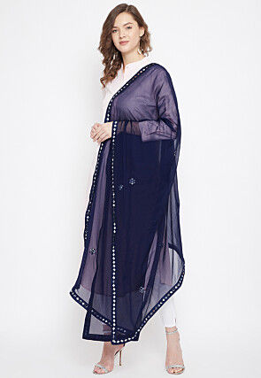 Embroidered Chiffon Dupatta in Navy Blue