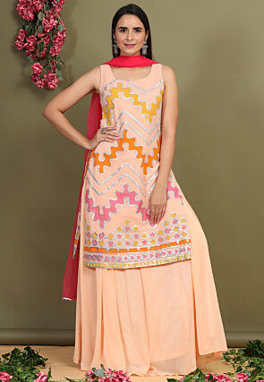 Embroidered Chiffon Lehenga in Light Peach