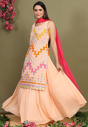 Embroidered Chiffon Lehenga in Light Peach