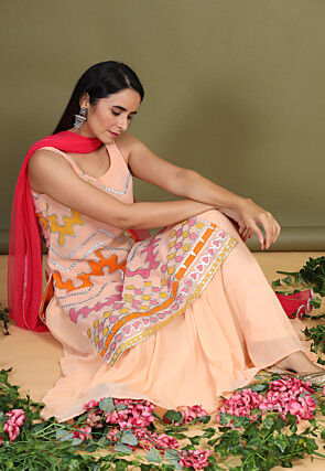 Embroidered Chiffon Lehenga in Light Peach