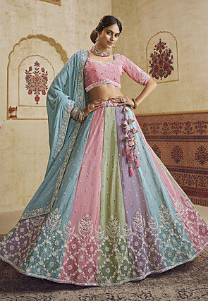 Embroidered Chiffon Lehenga in Multicolor