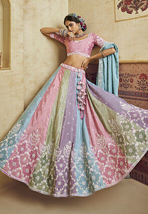 Embroidered Chiffon Lehenga in Multicolor