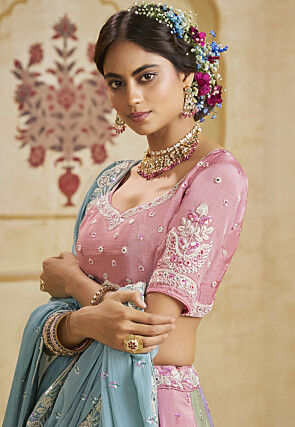Embroidered Chiffon Lehenga in Multicolor
