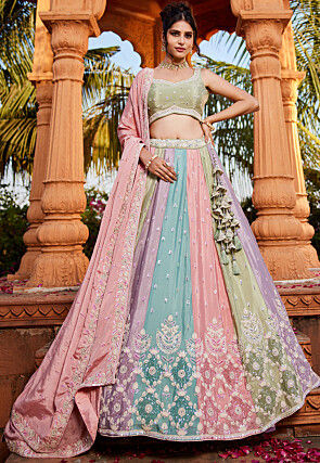 Embroidered Chiffon Lehenga in Multicolor