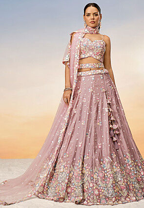 Embroidered Chiffon Lehenga in Peach