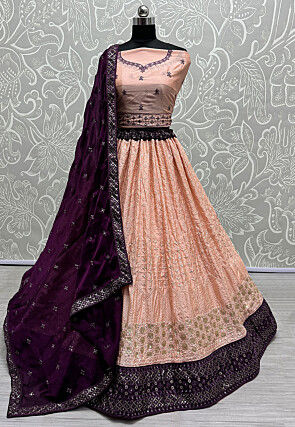 Embroidered Chiffon Lehenga in Peach
