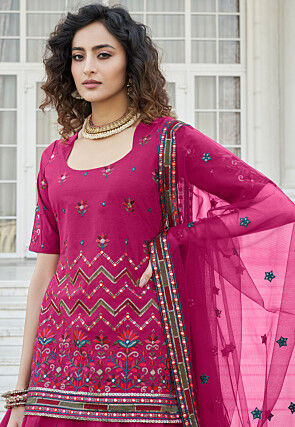 Embroidered Chiffon Lehenga in Magenta