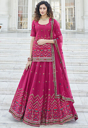 Embroidered Chiffon Lehenga in Magenta