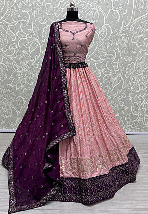 Embroidered Chiffon Lehenga in Pink