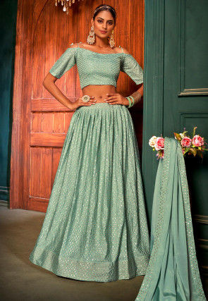 Stunning Green Color Georgette Fabric Partywear Lehenga | Desi Ethnicity