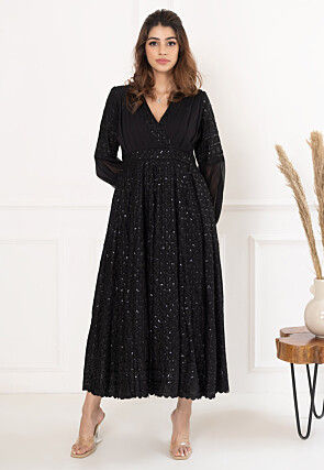 Embroidered Rayon Midi Dress in Black