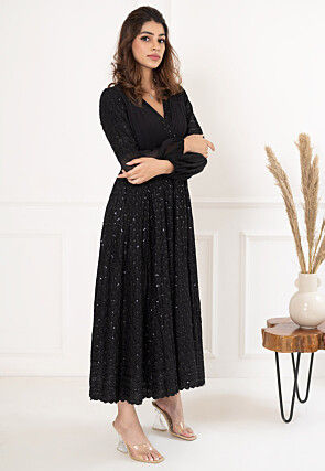 Embroidered Rayon Midi Dress in Black