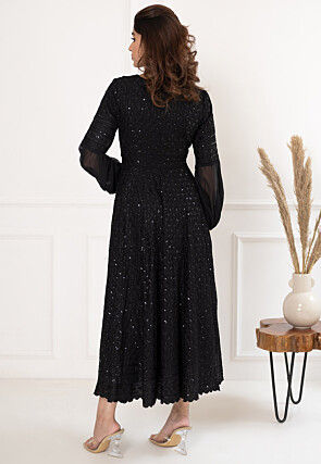 Embroidered Rayon Midi Dress in Black