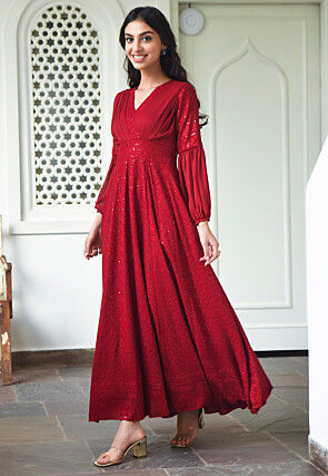 Embroidered Chiffon Midi Dress in Maroon