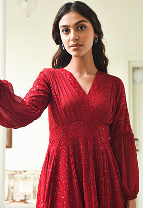 Embroidered Chiffon Midi Dress in Maroon