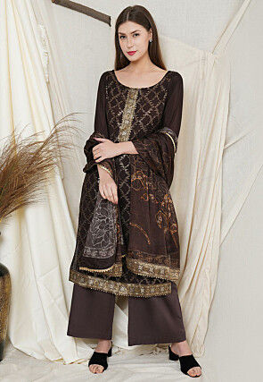 Embroidered Chiffon Pakistani Suit in Brown