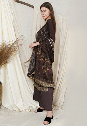 Embroidered Chiffon Pakistani Suit in Brown