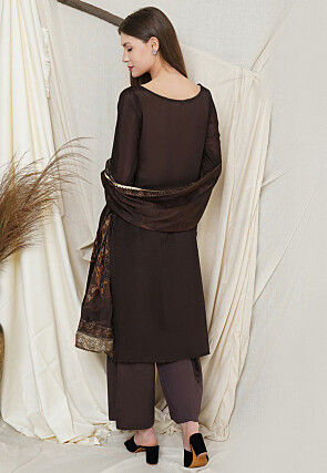 Embroidered Chiffon Pakistani Suit in Brown