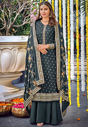 Embroidered Chiffon Pakistani Suit in Grey