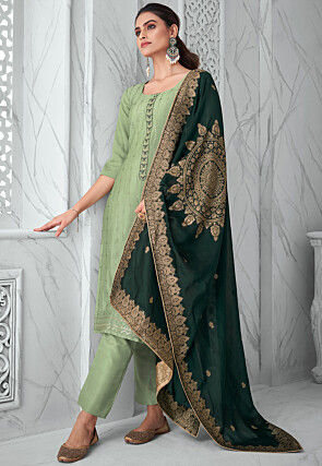Embroidered Chiffon Pakistani Suit in Light Green