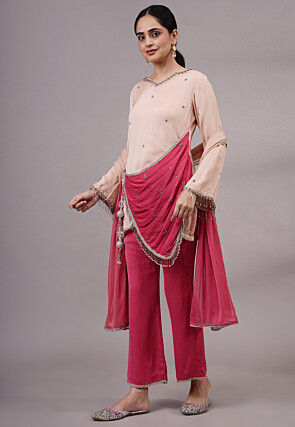 Embroidered Chiffon Pakistani Suit in Light Peach and Fuchsia
