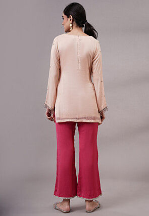Embroidered Chiffon Pakistani Suit in Light Peach and Fuchsia