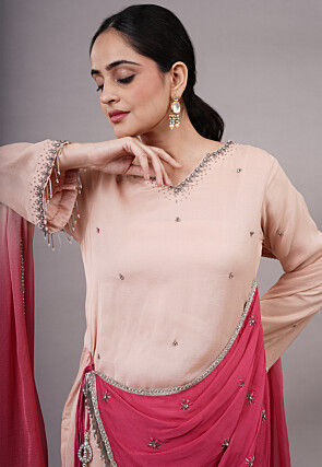 Embroidered Chiffon Pakistani Suit in Light Peach and Fuchsia