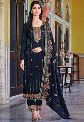 Embroidered Chiffon Pakistani Suit in Navy Blue