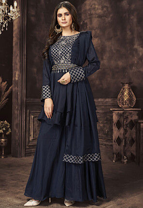 Embroidered Chiffon Pakistani Suit in Navy Blue