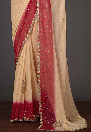 Embroidered Chiffon Saree in Beige