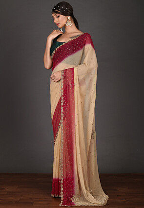 Embroidered Chiffon Saree in Beige