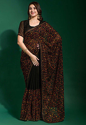 Embroidered Chiffon Saree in Black