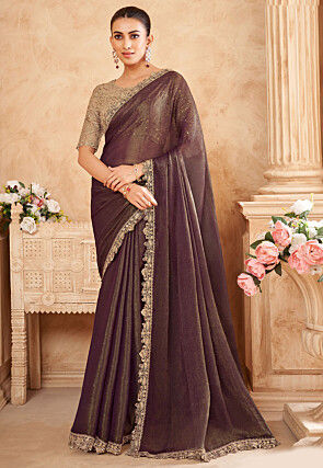 Embroidered Chiffon Scalloped Saree in Dark Violet