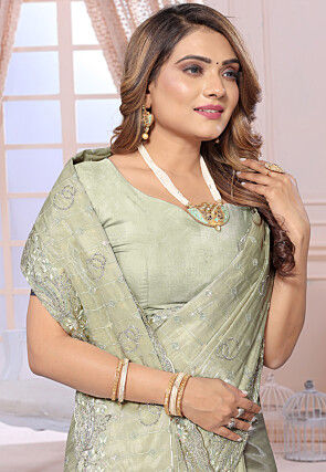 Embroidered Chiffon Saree in Dusty Green