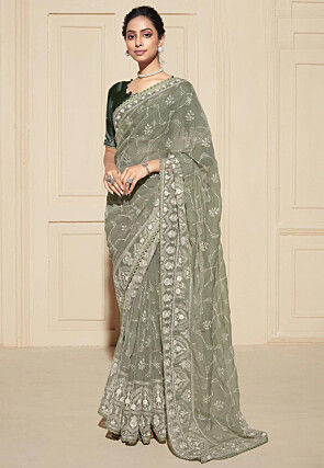 Embroidered Chiffon Saree in Dusty Green