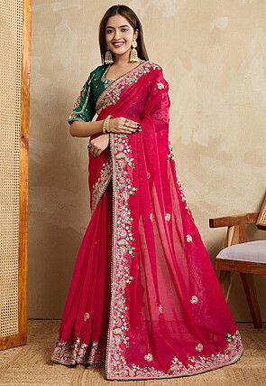 Embroidered Chiffon Saree in Fuchsia