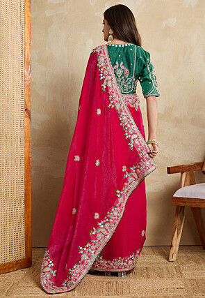 Embroidered Chiffon Saree in Fuchsia