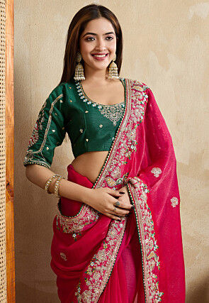 Embroidered Chiffon Saree in Fuchsia