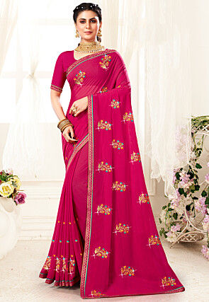 Embroidered Chiffon Saree in Magenta