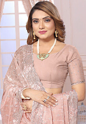 Embroidered Chiffon Saree in Peach