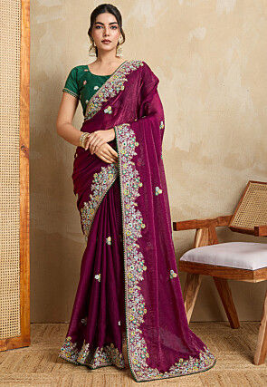 Embroidered Chiffon Saree in Purple